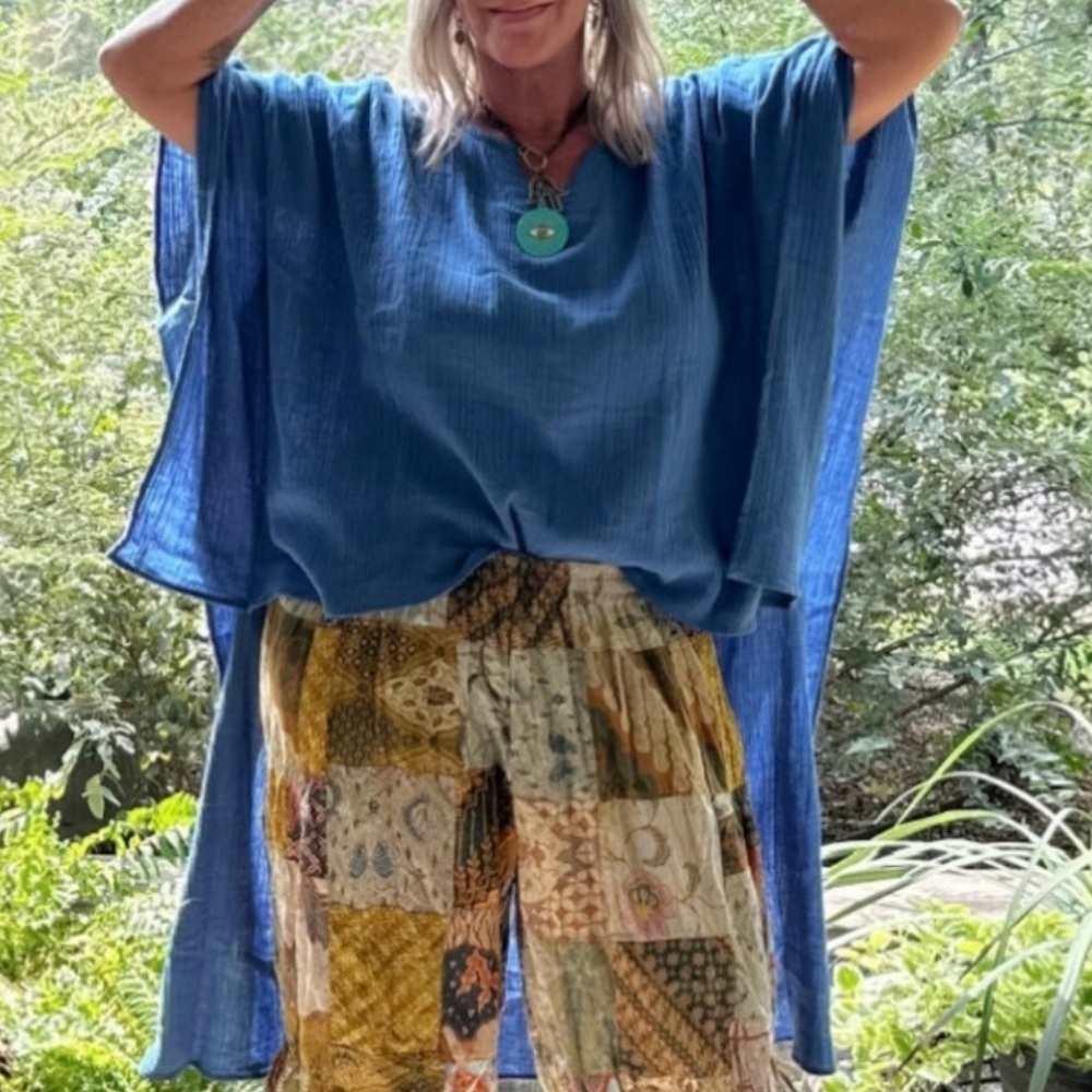 JADED GYPSY Hi-Low Blue Gauze 100% Cotton Boho Poncho Top - Picture 1 of 7